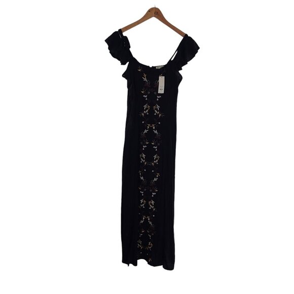 Women’s Black Embroidered Dress Small Maxi Long on or Off Shoulder Sleeve NWT - Picture 1 of 8
